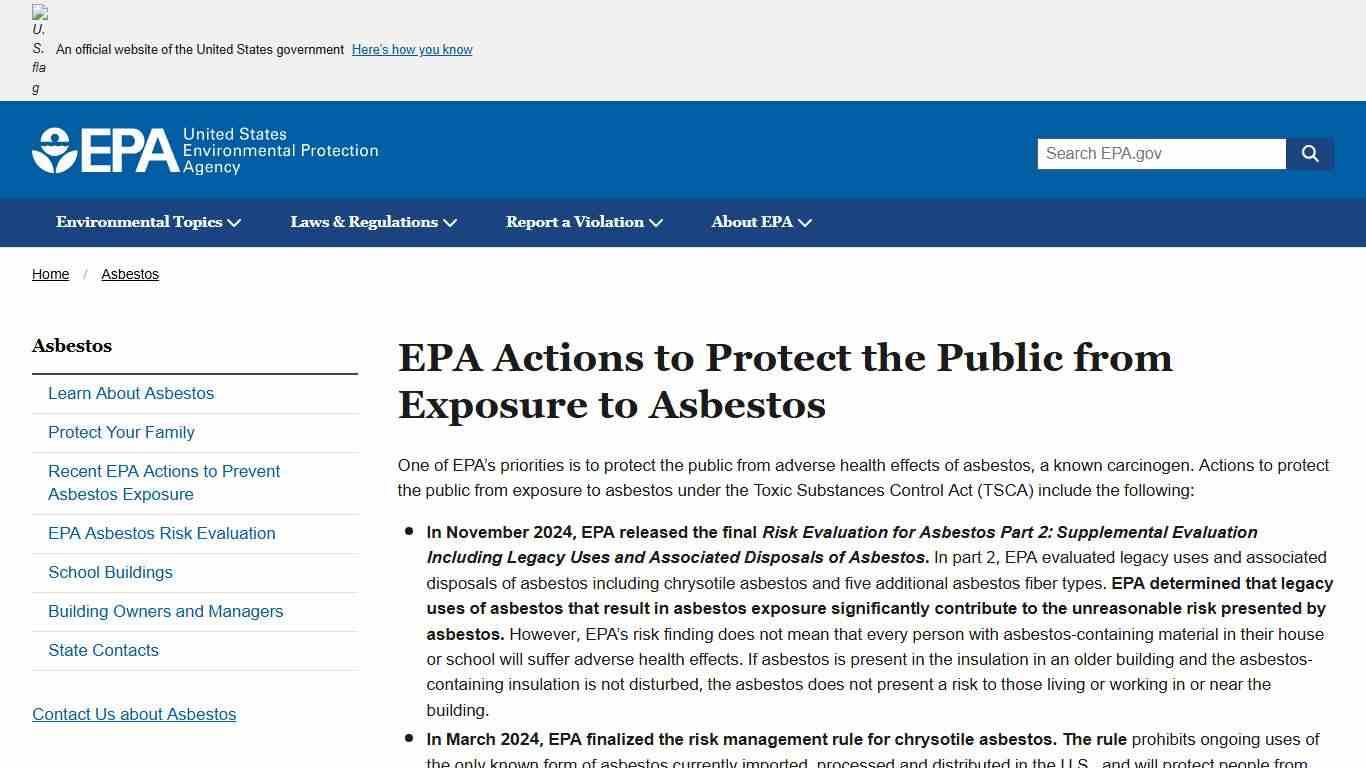 EPA Actions to Protect the Public from Exposure to Asbestos US EPA